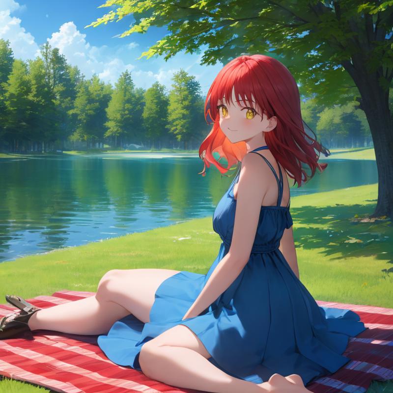 00161-2299588987-1Girl, mature, American, redhead, medium hair, yellow eyes, sitting on a picnic blanket near a lake, elegant summer dress, happy.png